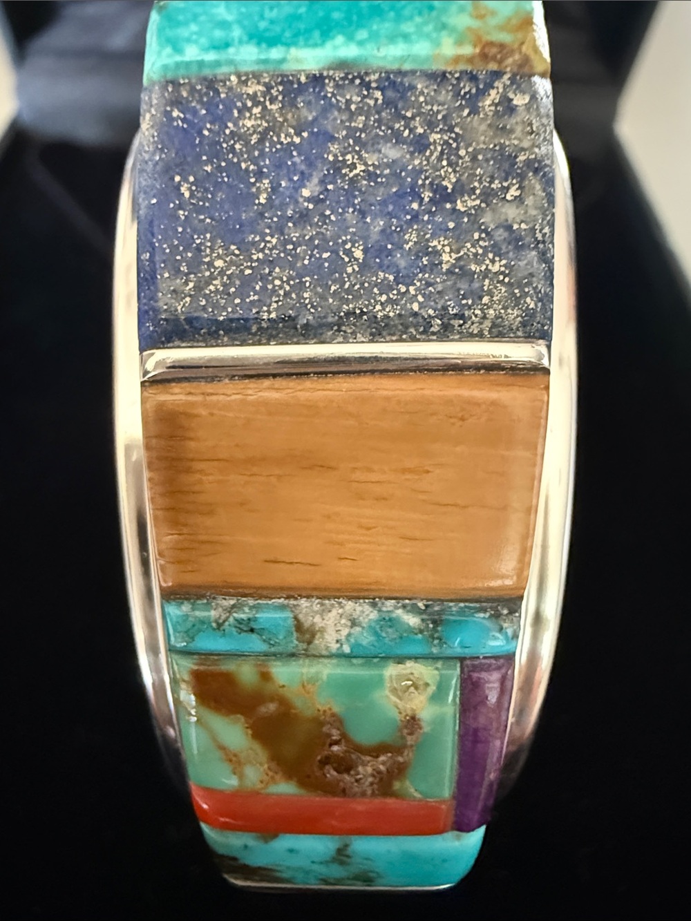 Marlin Honhongva Sterling Cuff Bracelet Contemporary Multi-Cobble Stone Inlays - Picture 4 of 12